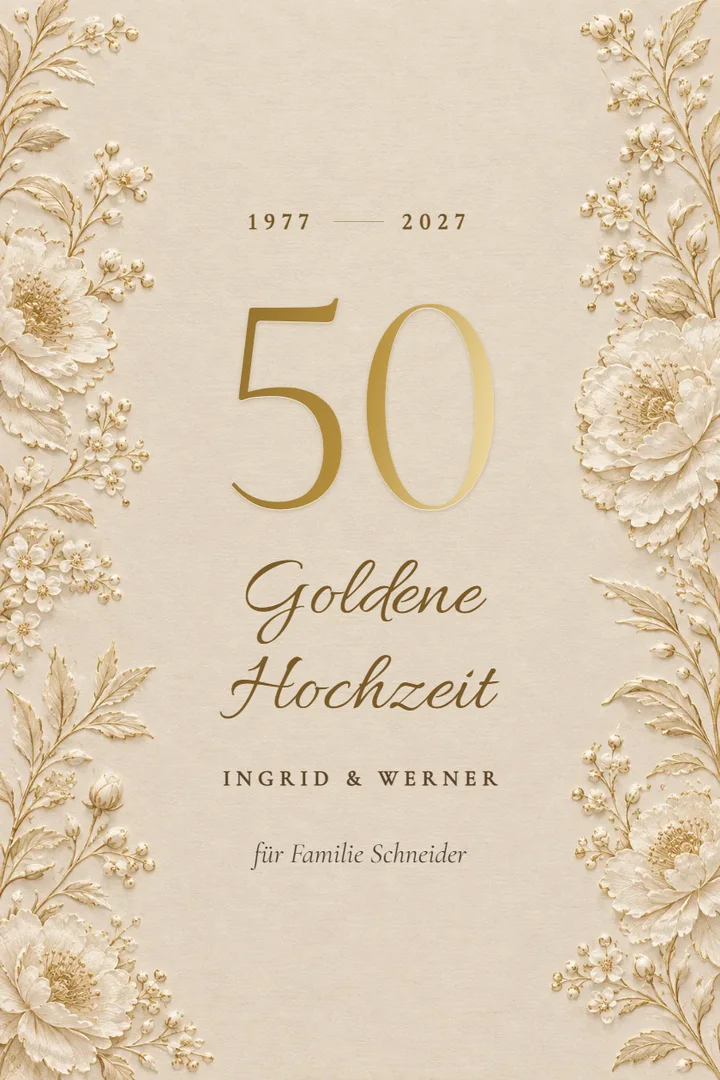 Digitale Einladung zur Goldenen Hochzeit: Karte mit goldener 50 und Blütenranken (Vorlage Elfenbein)