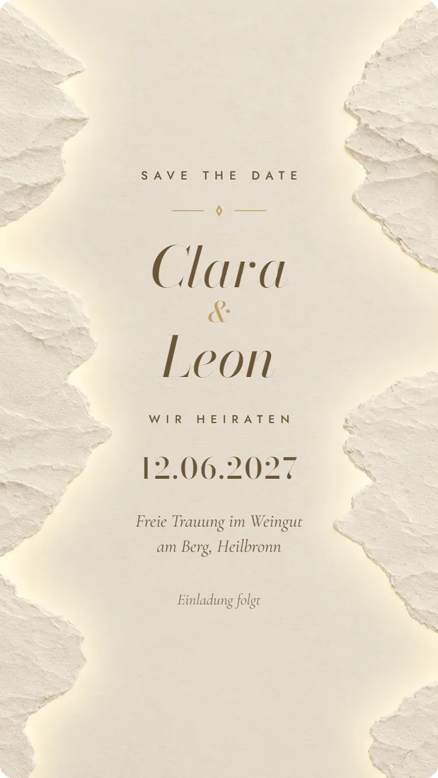 Save-the-Date-Karte zur Hochzeit mit leuchtendem Büttenrand (Vorlage Goldschimmer)