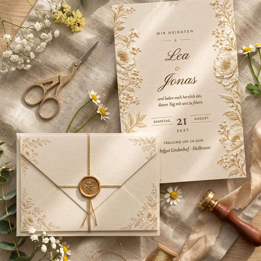 Briefumschlag-Einladung Goldfaden: beiger Umschlag mit goldenem Wachssiegel und Hochzeitseinladung mit goldgeprägten Blüten