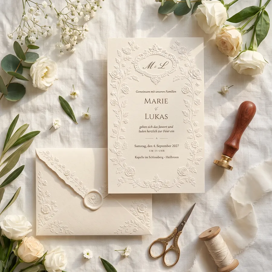 Briefumschlag-Einladung Weiße Spitze: weißer Umschlag mit Spitzenprägung und Hochzeitseinladung mit Monogramm