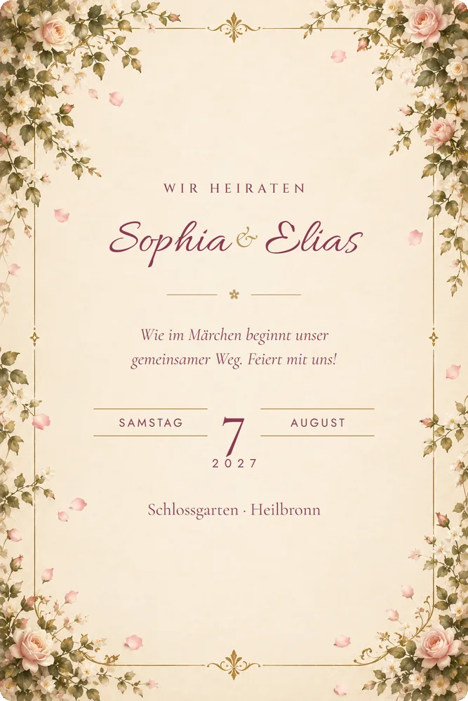 Hochzeitseinladung mit rosa Rosen aus der Tor-Einladung Rosenschloss