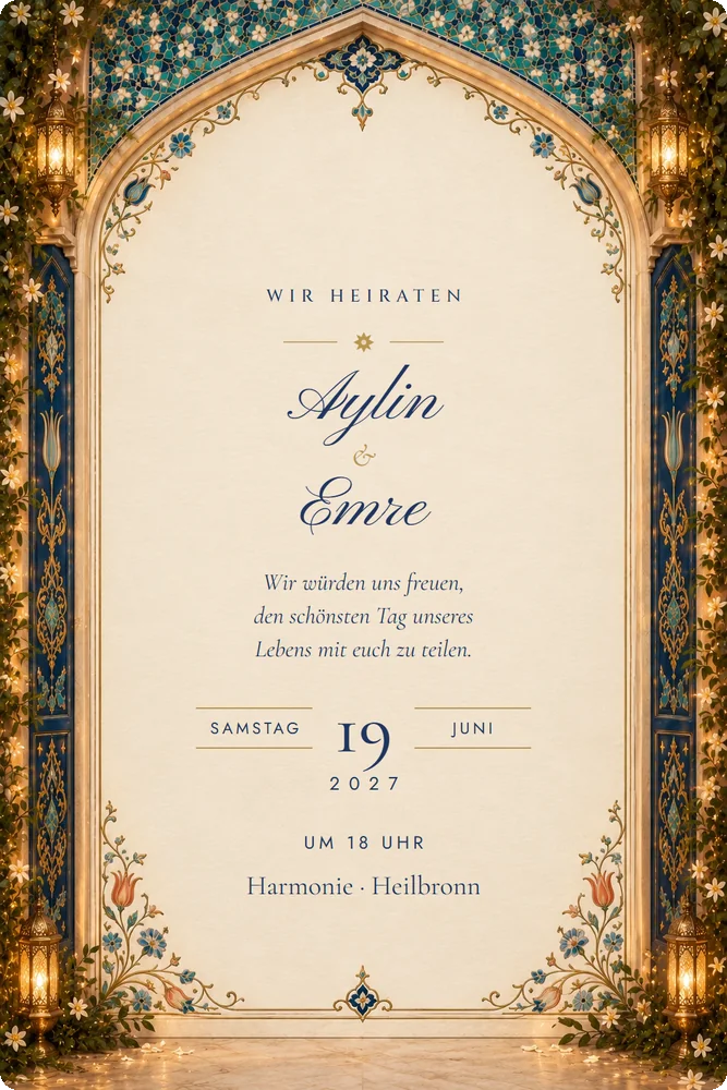 Hochzeitseinladung im orientalischen Bogenrahmen aus der Tor-Einladung Laternennacht